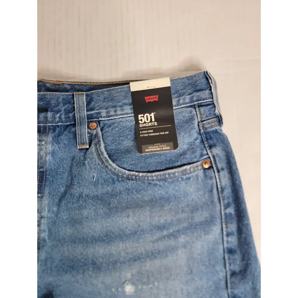Levis Premium 501 Denim Shorts SZ 32 High Rise Button Fly Distressed Big E NEW